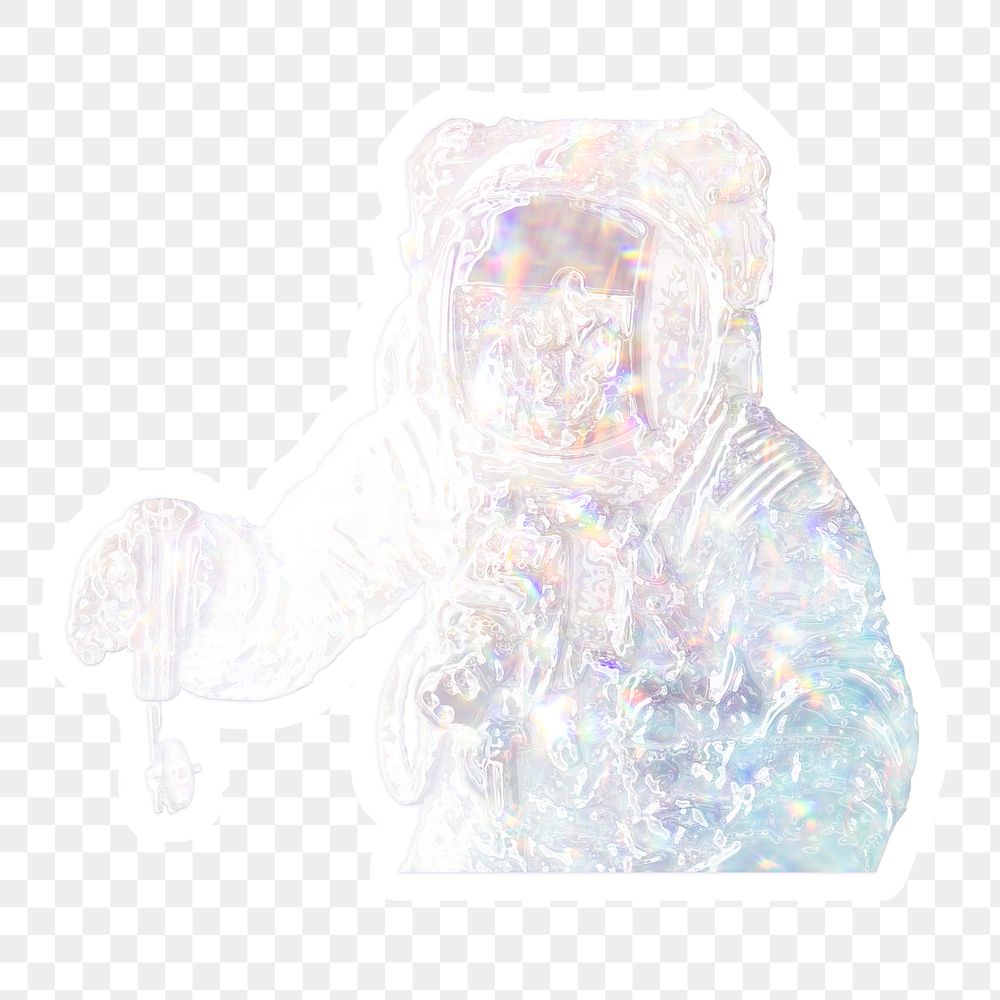 Silvery holographic astronaut sticker with a white border