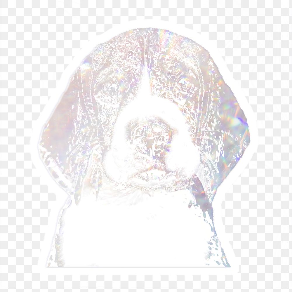 Silvery holographic beagle puppy sticker with a white border