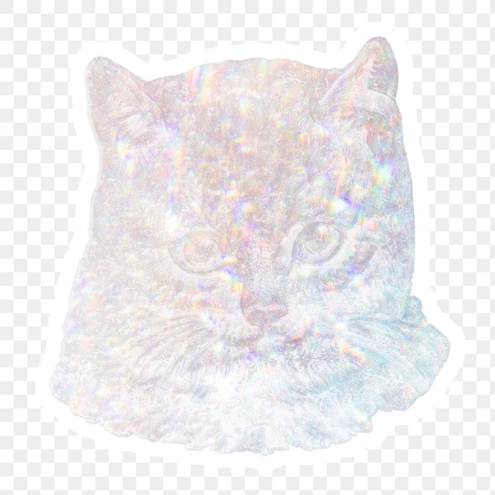 Silvery holographic cat sticker with a white border