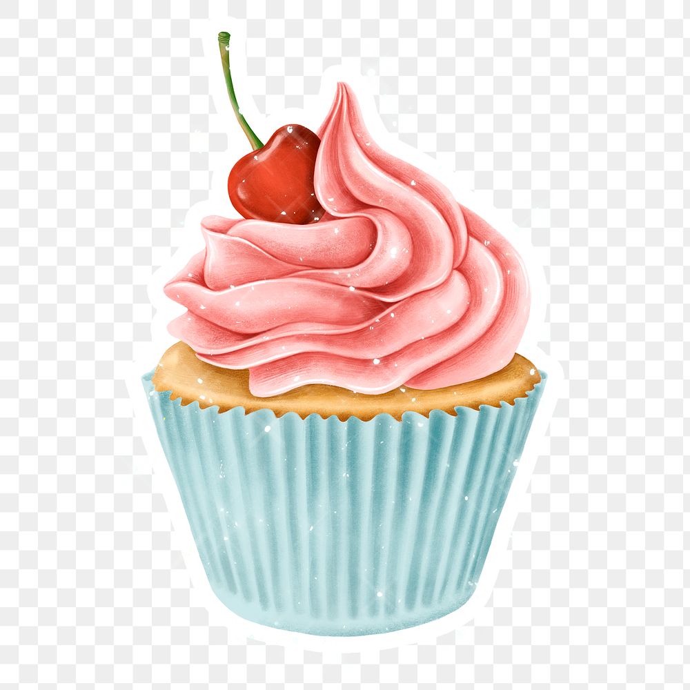 Hand drawn cupcake sticker design element with white border