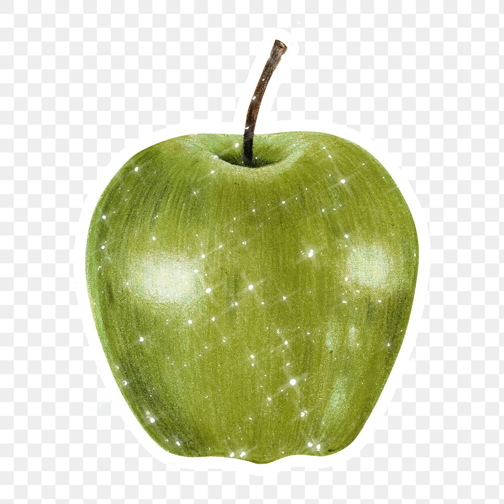 Hand drawn sparkling green apple sticker with white border