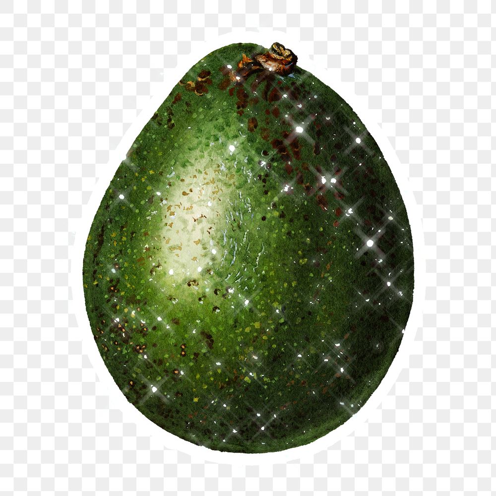 Hand drawn sparkling avocado fruit sticker with white border