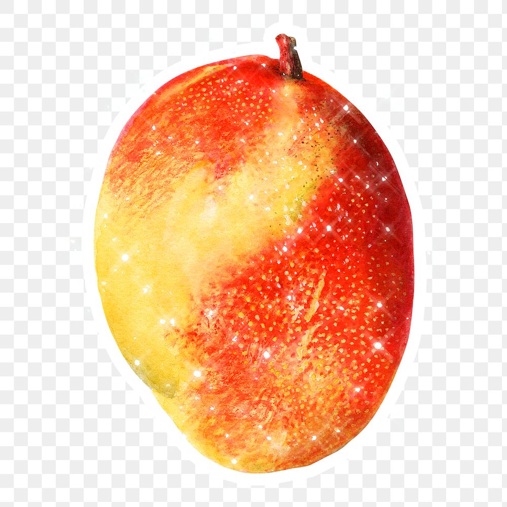Hand drawn sparkling mango fruit sticker with white border