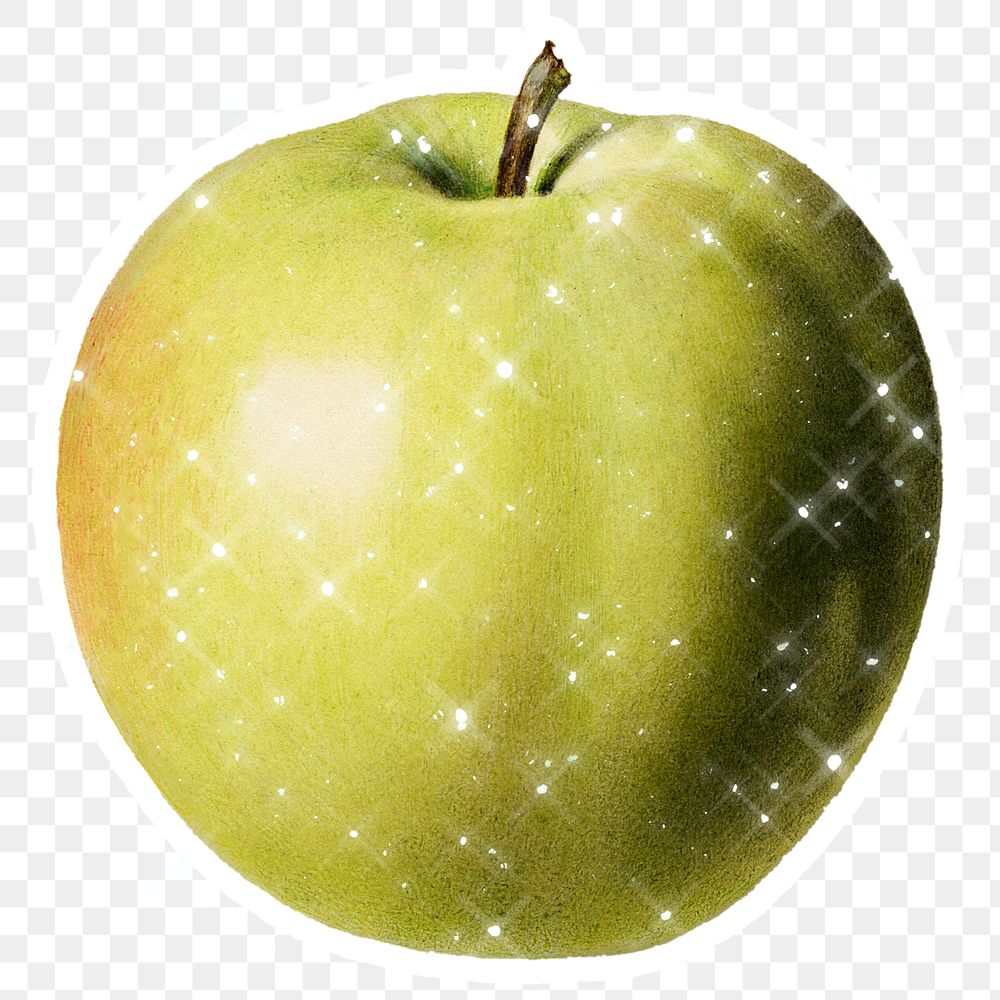 Hand drawn sparkling green apple sticker with white border