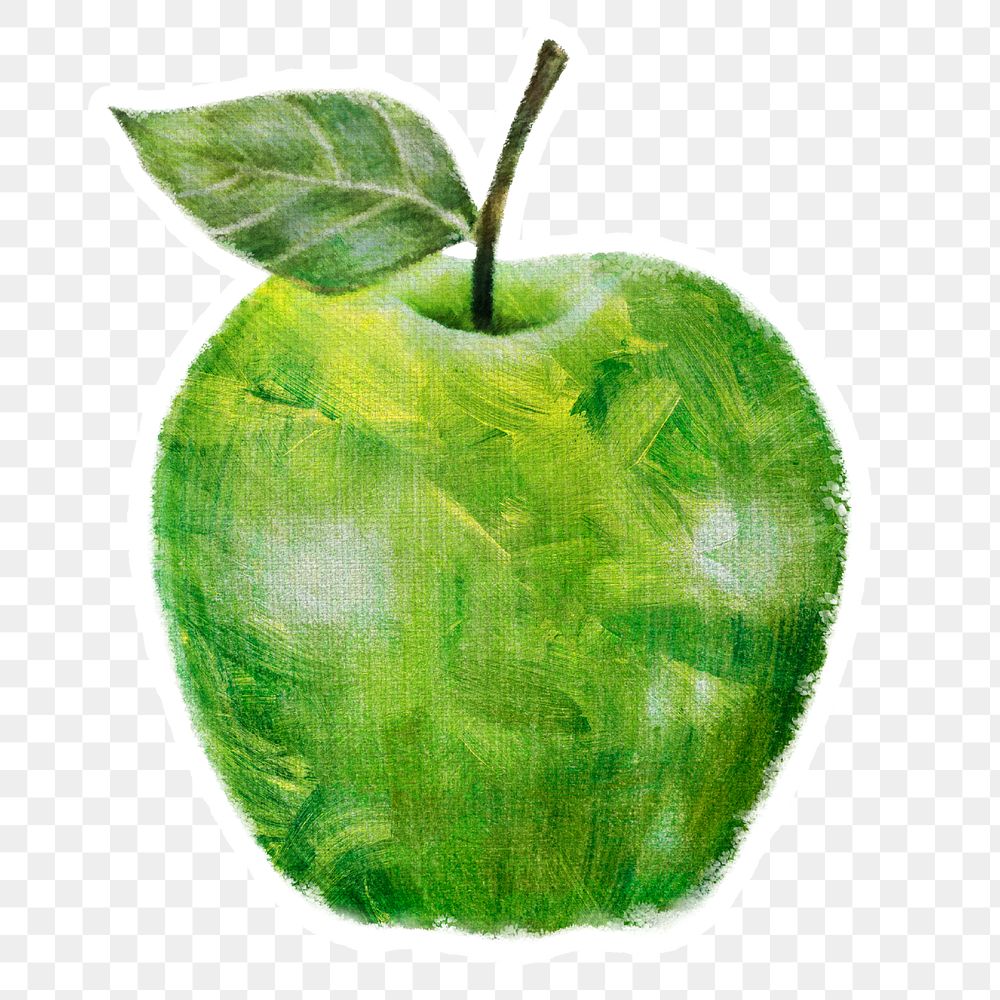 Green apple oil paint style sticker overlay with white border