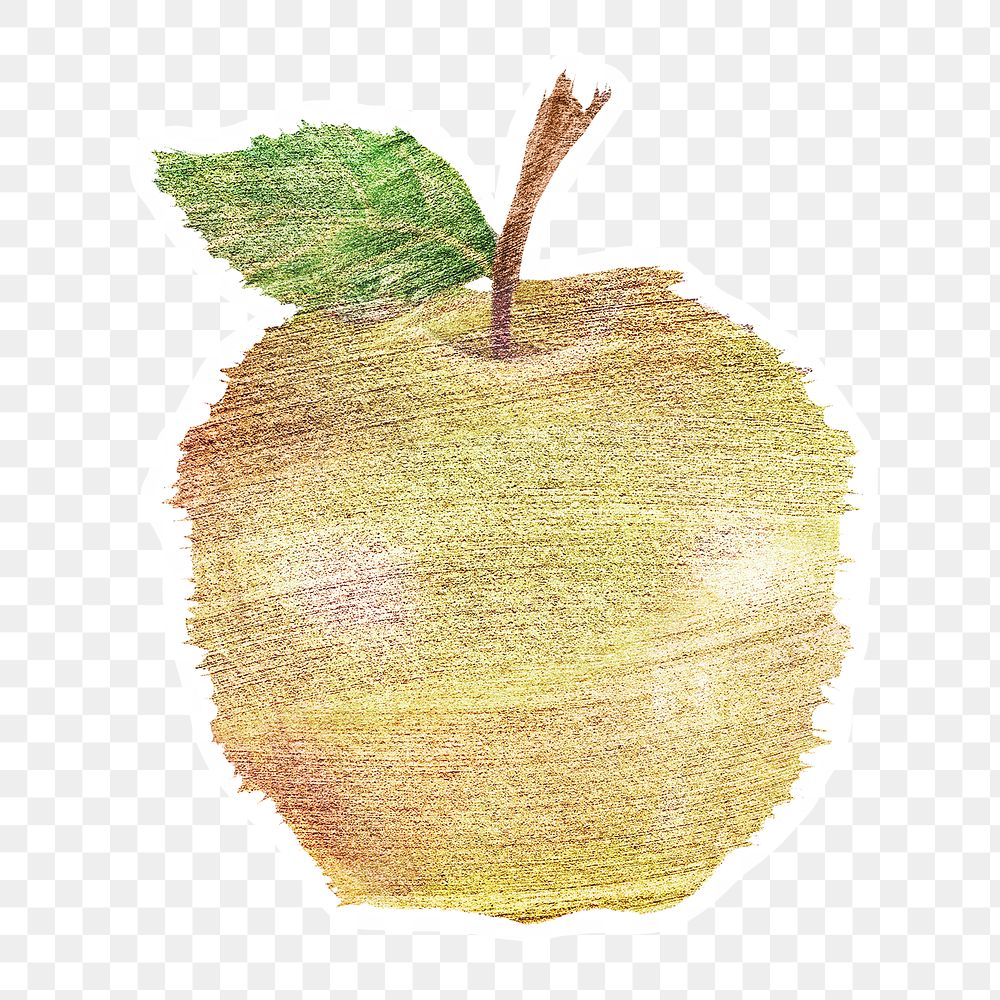 Golden apple watercolor style sticker overlay with white border