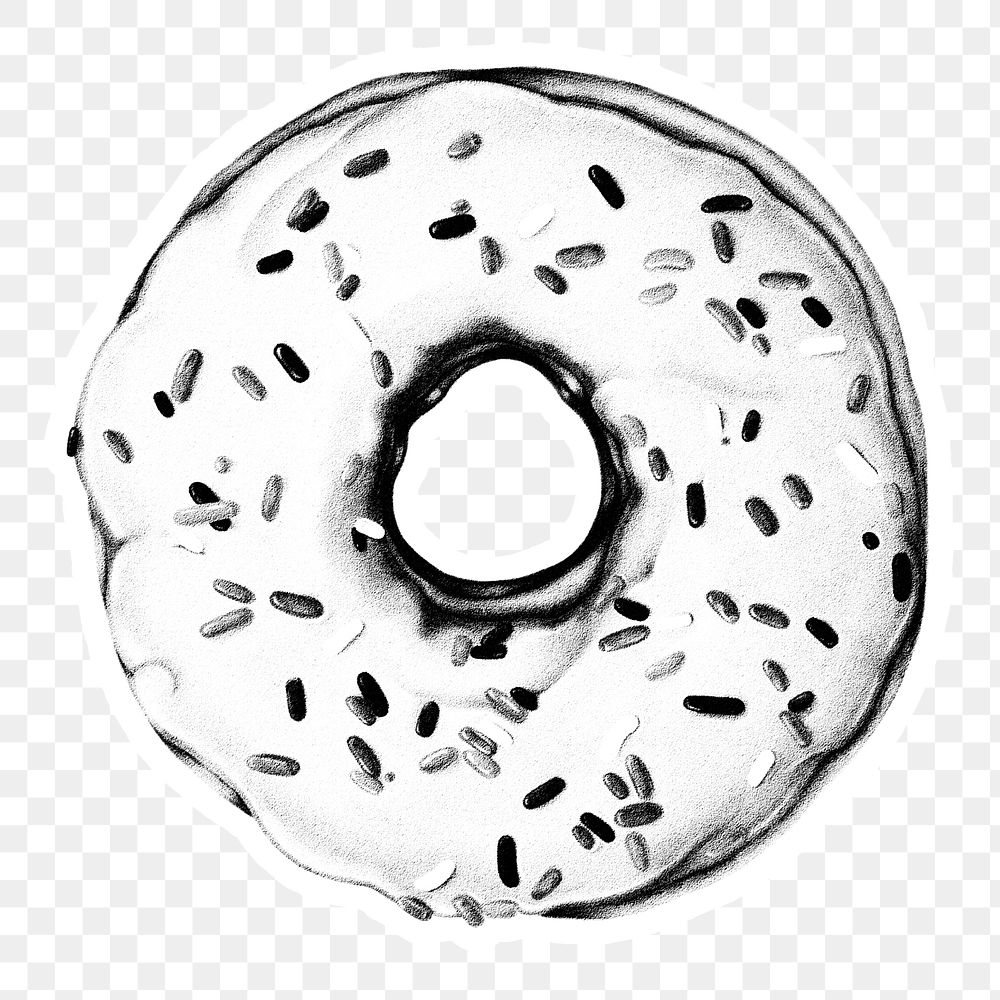 Black and white glazed doughnut drawing style sticker overlay with white border