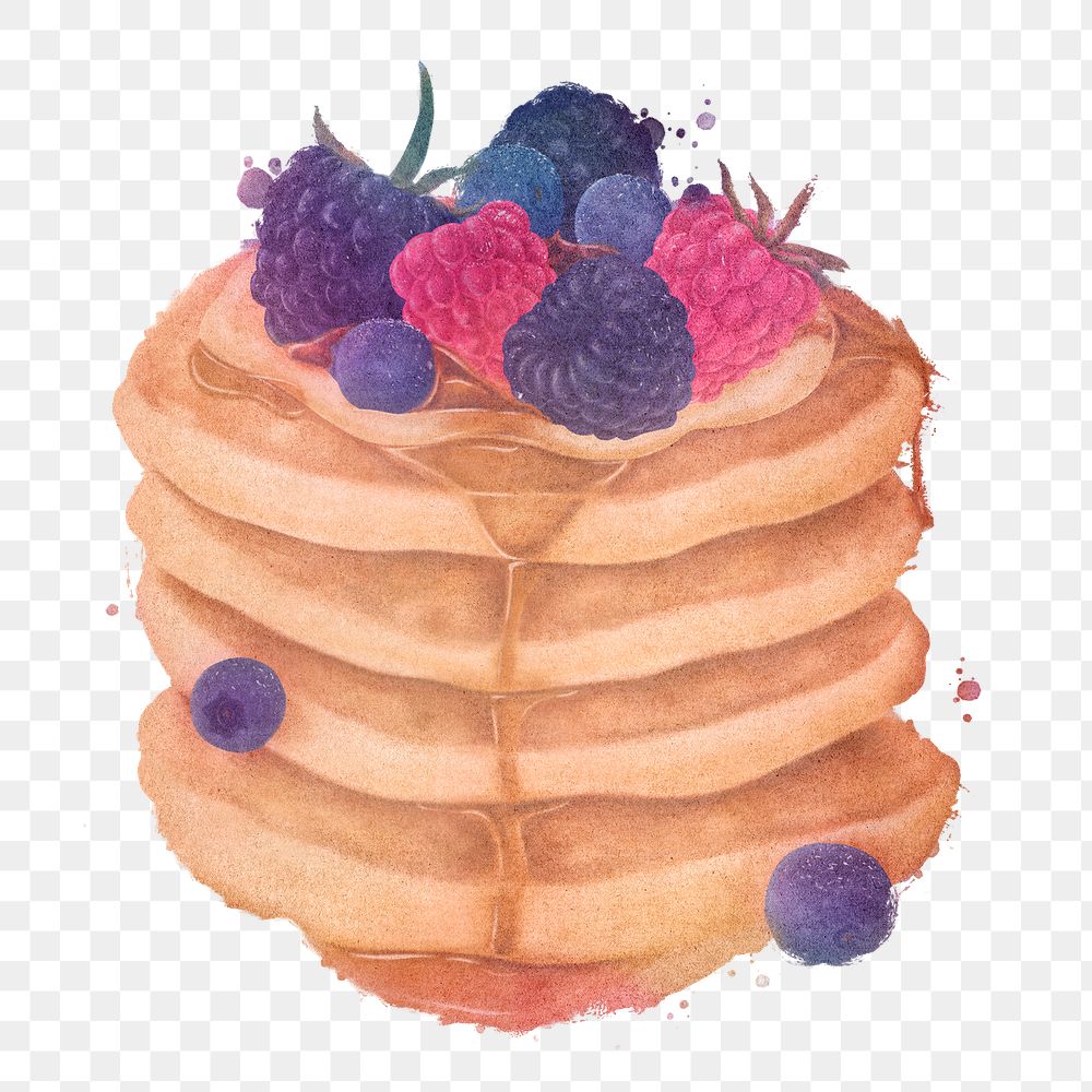 Hand drawn stack of pancakes topped with berries watercolor style design element