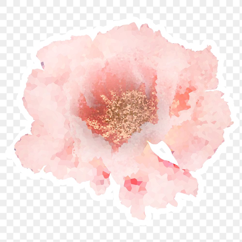 Crystallized peony flower sticker overlay with a white border