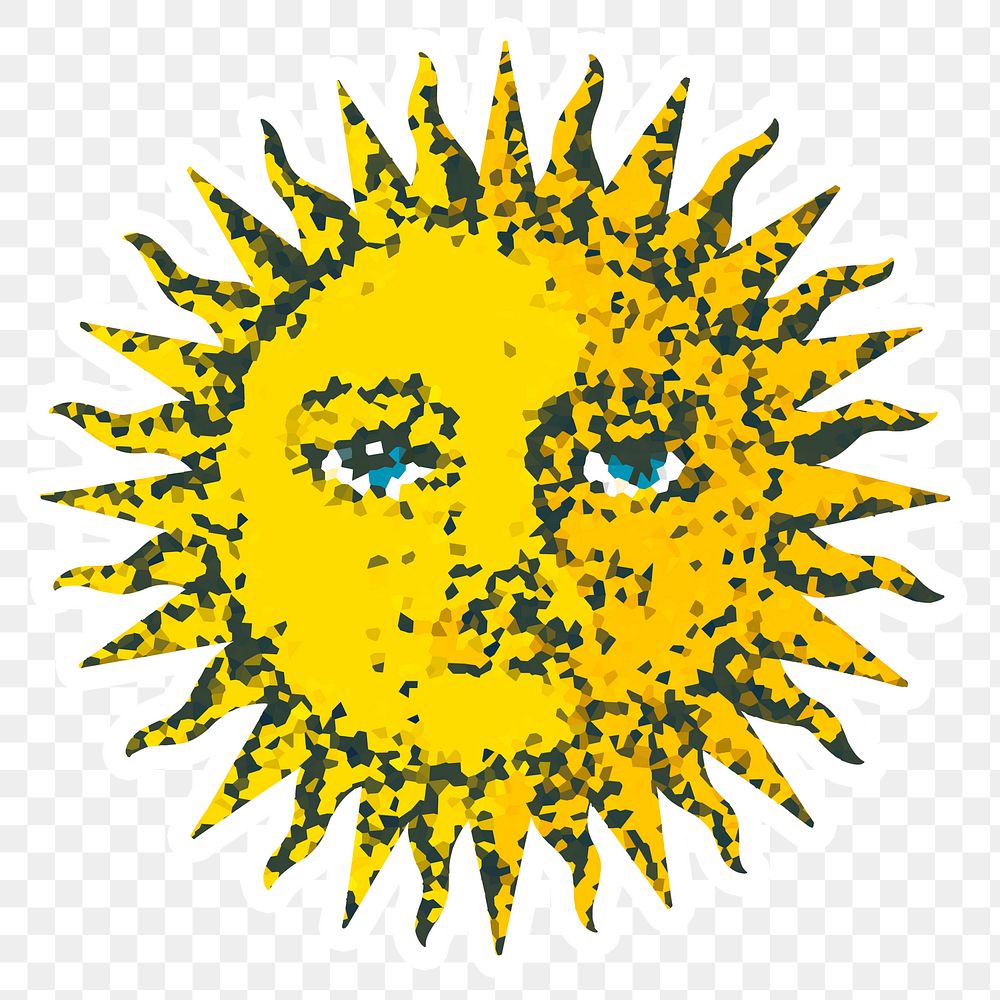 Crystallized sun with a face sticker overlay with a white border