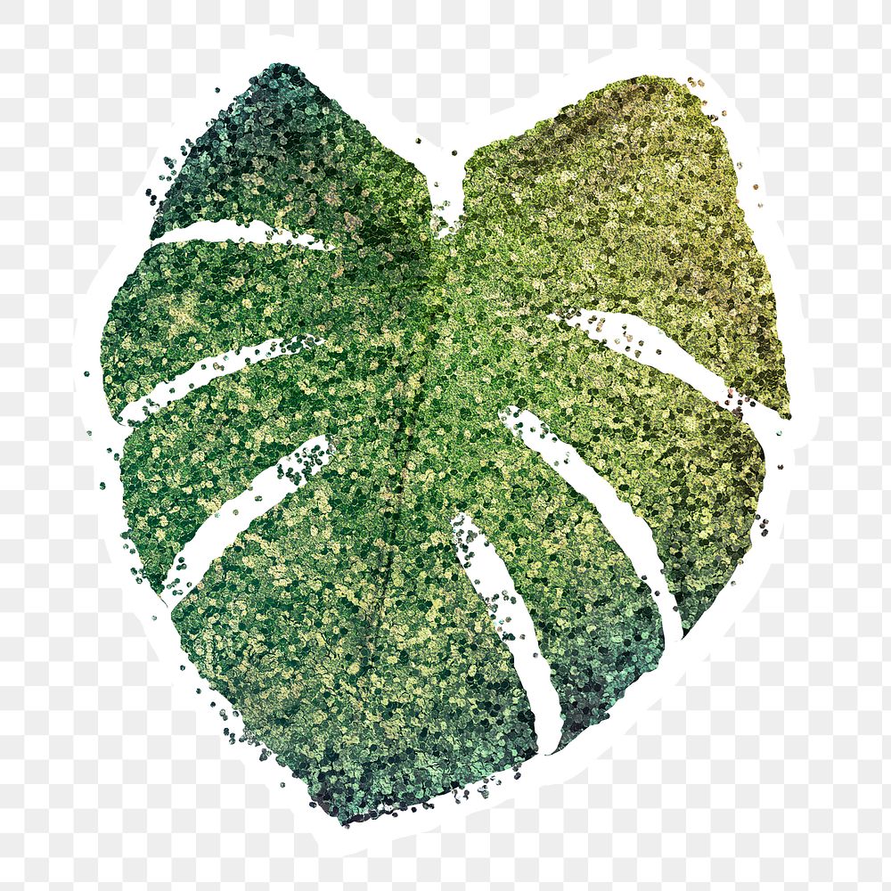 Glittery green monstera leaf sticker overlay with a white border design element