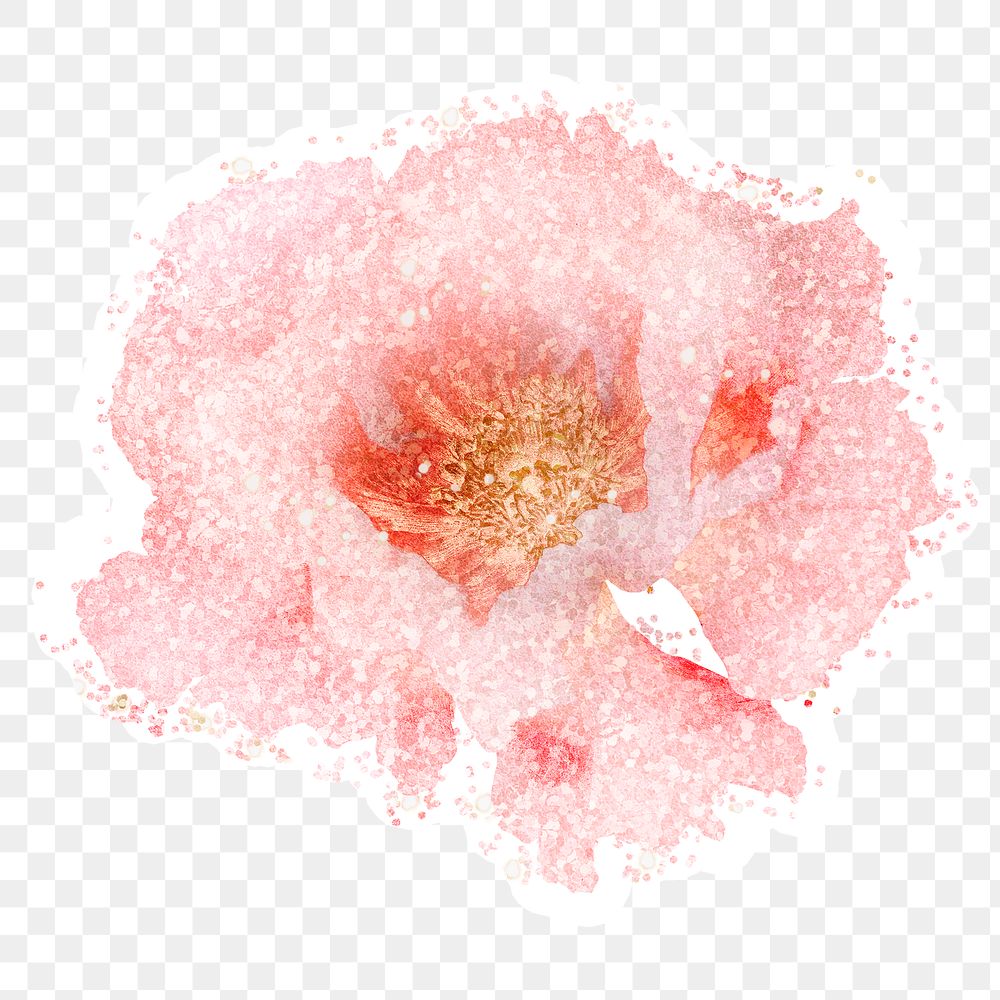 Glittery peony flower sticker overlay with a white border design element