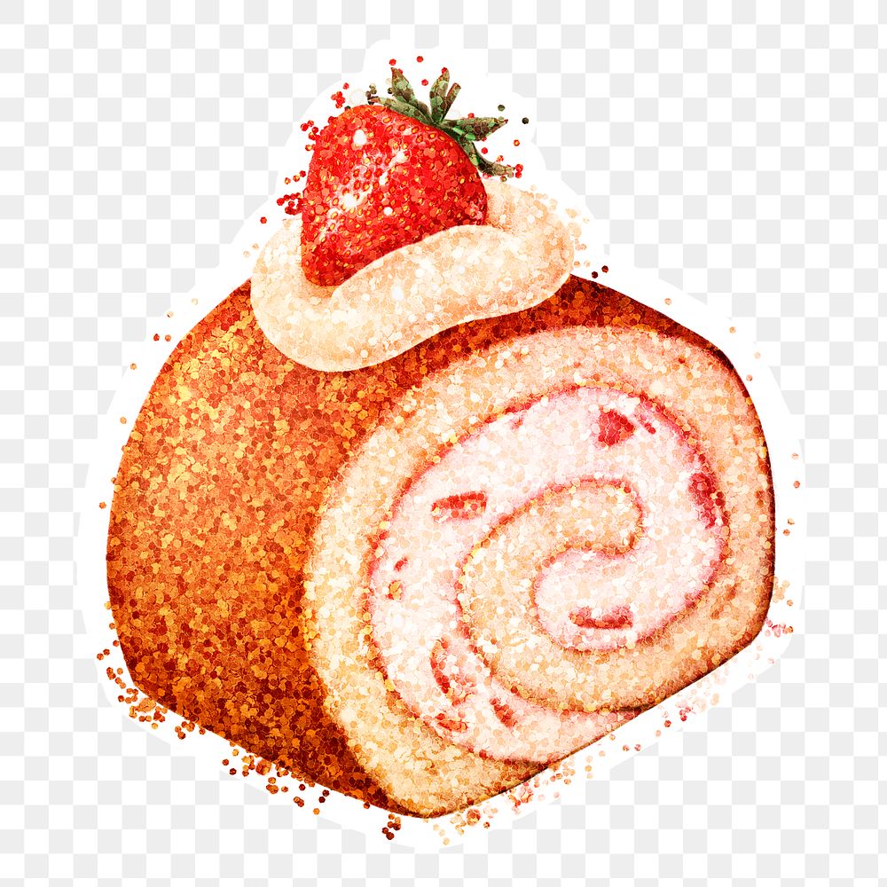 Glittery strawberry swiss roll cake sticker overlay with a white border design element