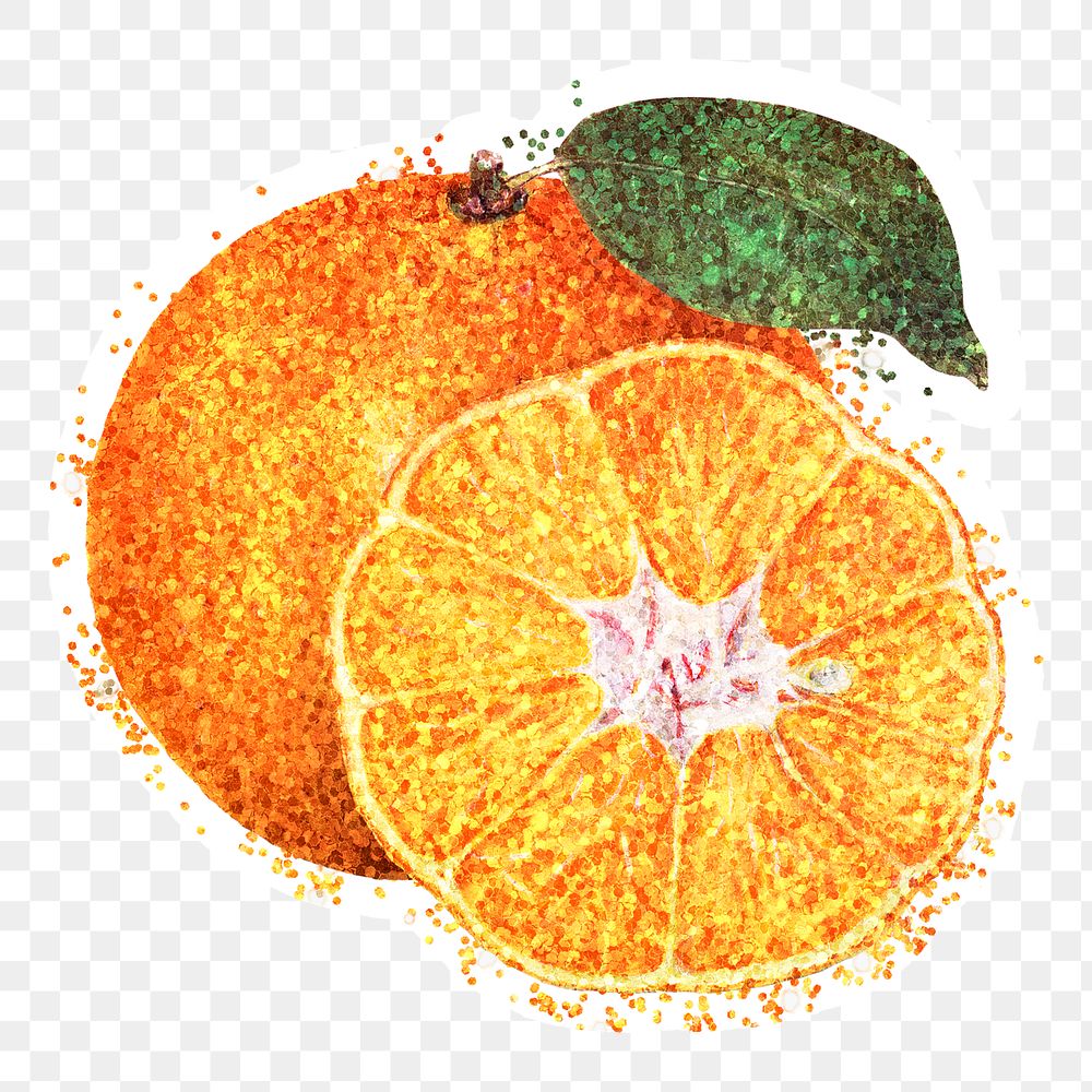 Glittery tangerine orange sticker overlay with a white border design element