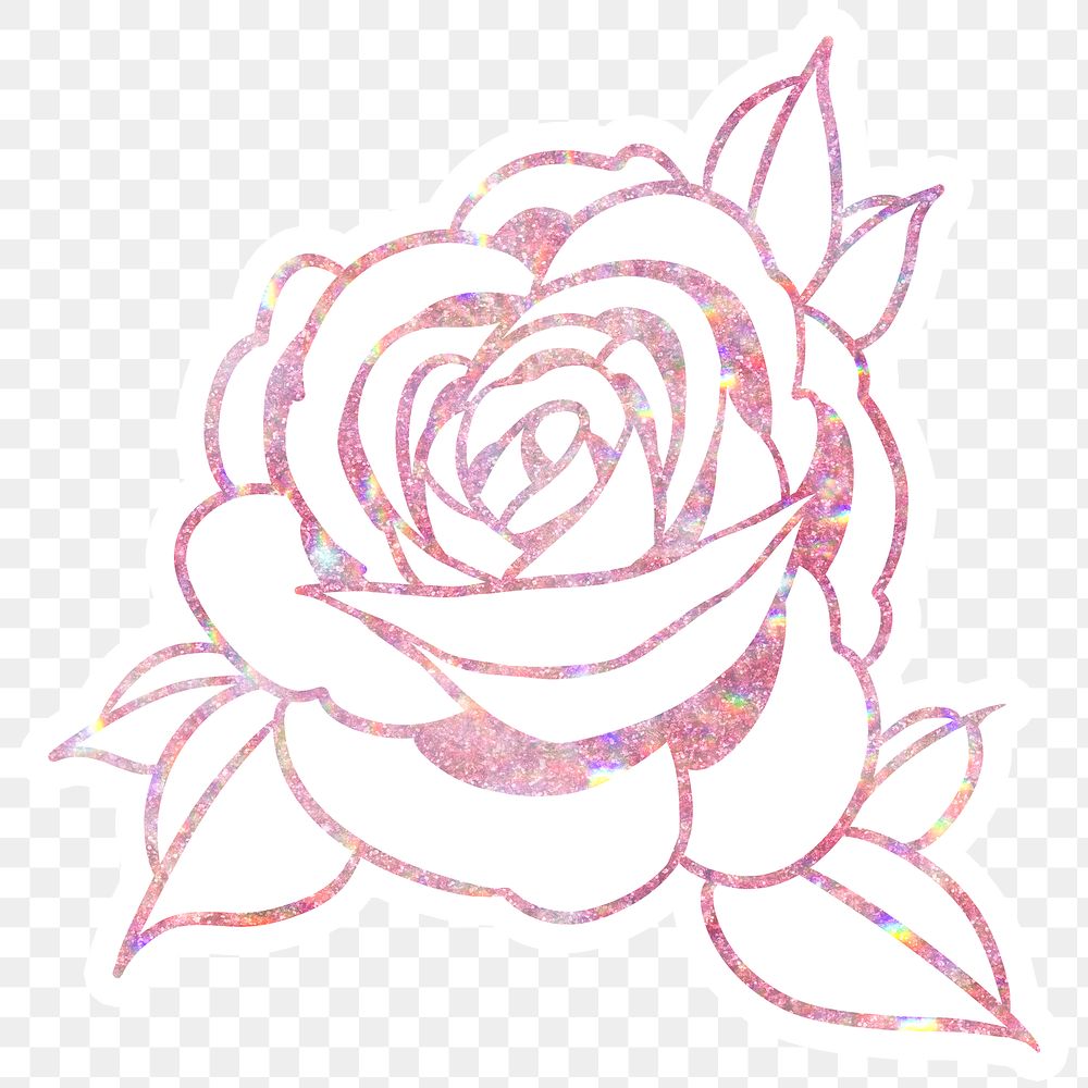 Pink holographic rose sticker overlay with a white border design element 