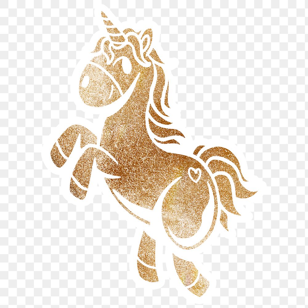 Shimmering golden unicorn sticker overlay with a white border design element