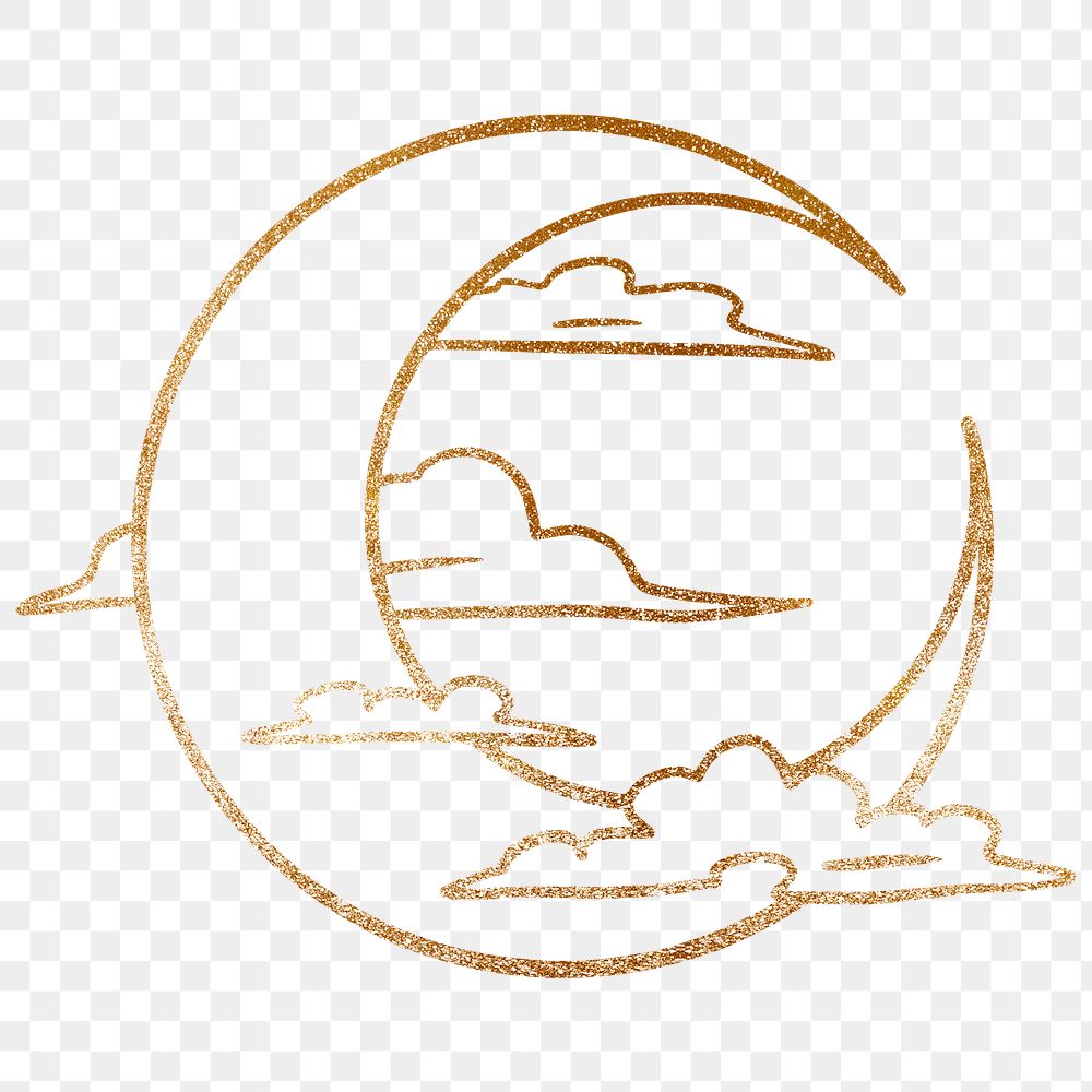 Shimmering golden crescent moon surrounded by clouds sticker overlay 