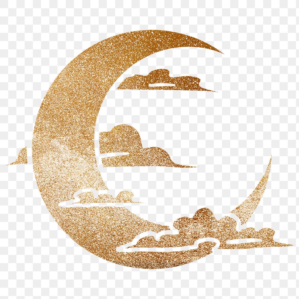 Shimmering golden crescent moon surrounded by clouds sticker overlay 