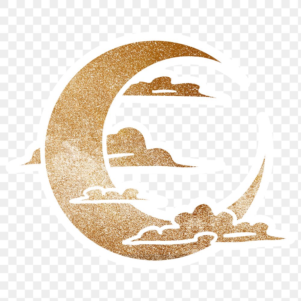 Shimmering golden crescent moon surrounded by clouds sticker overlay with a white border 