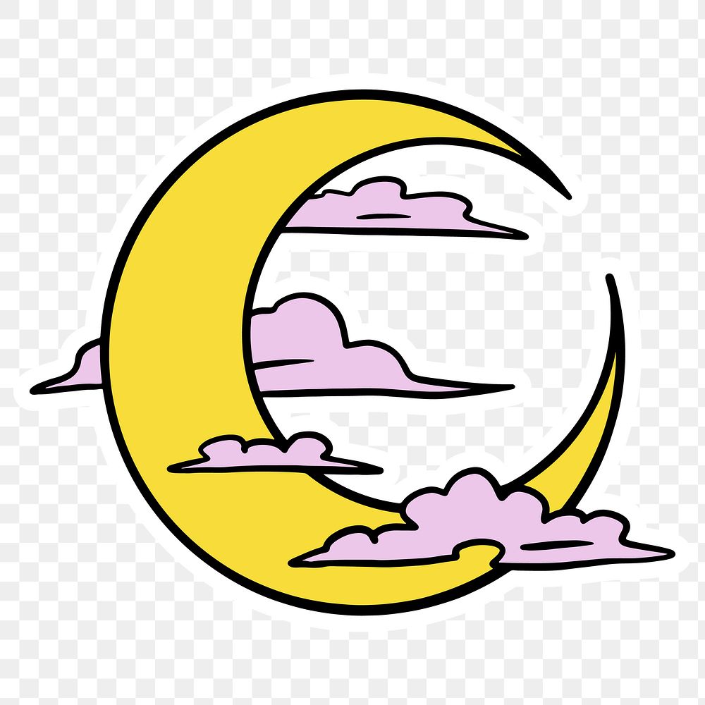 Crescent moon surrounded by clouds sticker overlay with a white border 