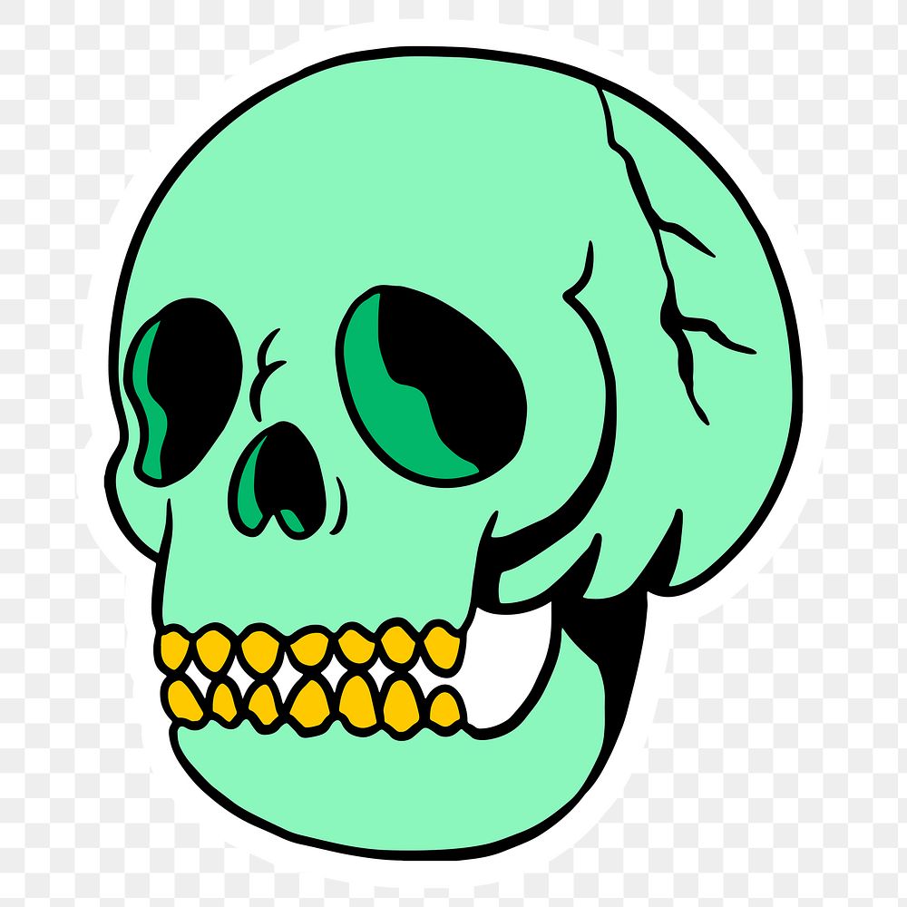 Green skull with gold teeth sticker with a white border