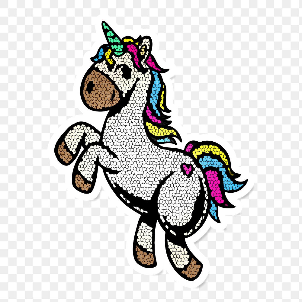 Colorful mosaic unicorn sticker overlay with a white border design element
