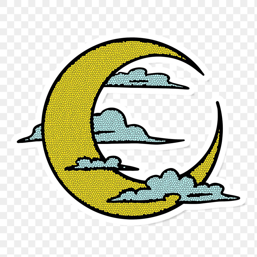 Mosaic crescent moon surrounded by clouds sticker overlay with a white border 