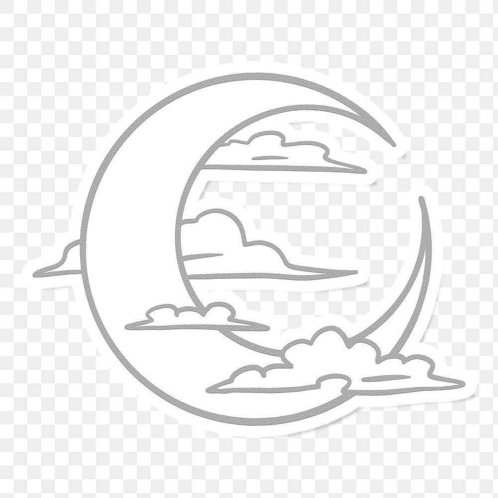Crescent moon surrounded by clouds sticker overlay with a white border 
