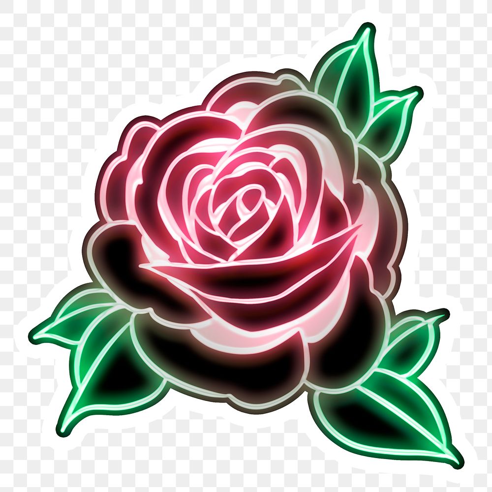 Neon rose sticker overlay with a white border design element 