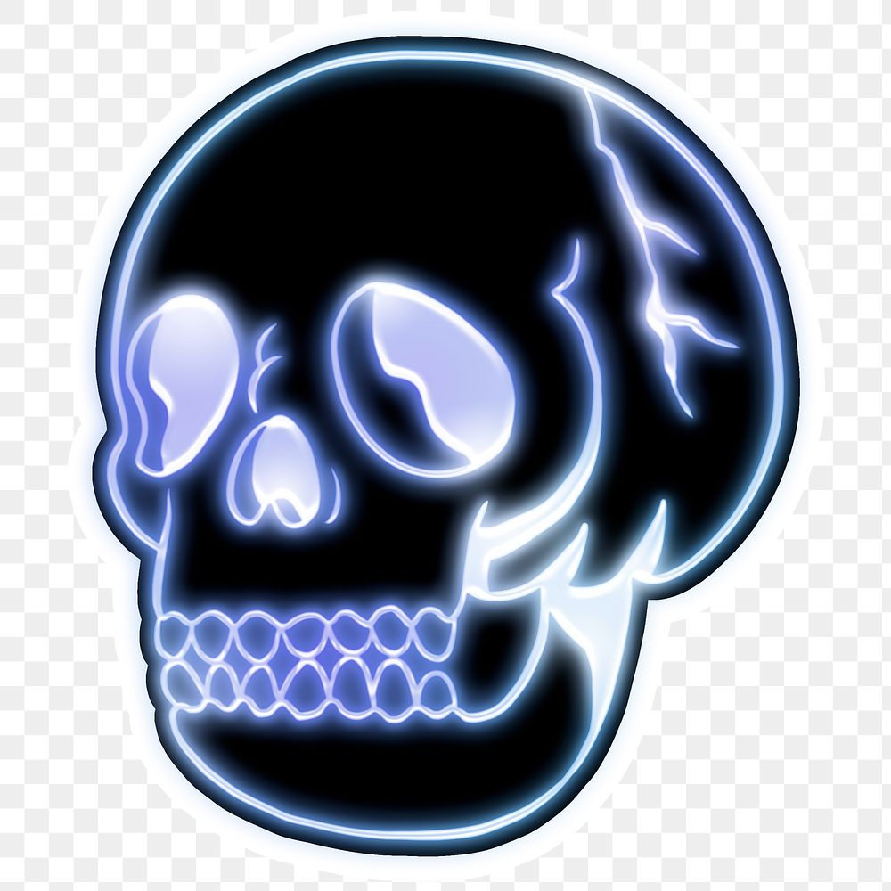 Glowing indigo neon skull sticker with a white border