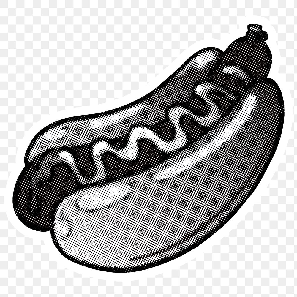 Black and white  hot dog sticker with a white border