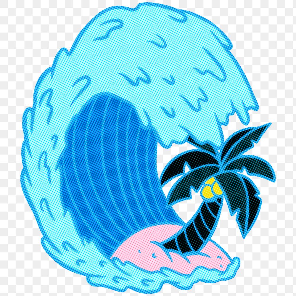 Blue ocean wave with a coconut tree sticker design element design element