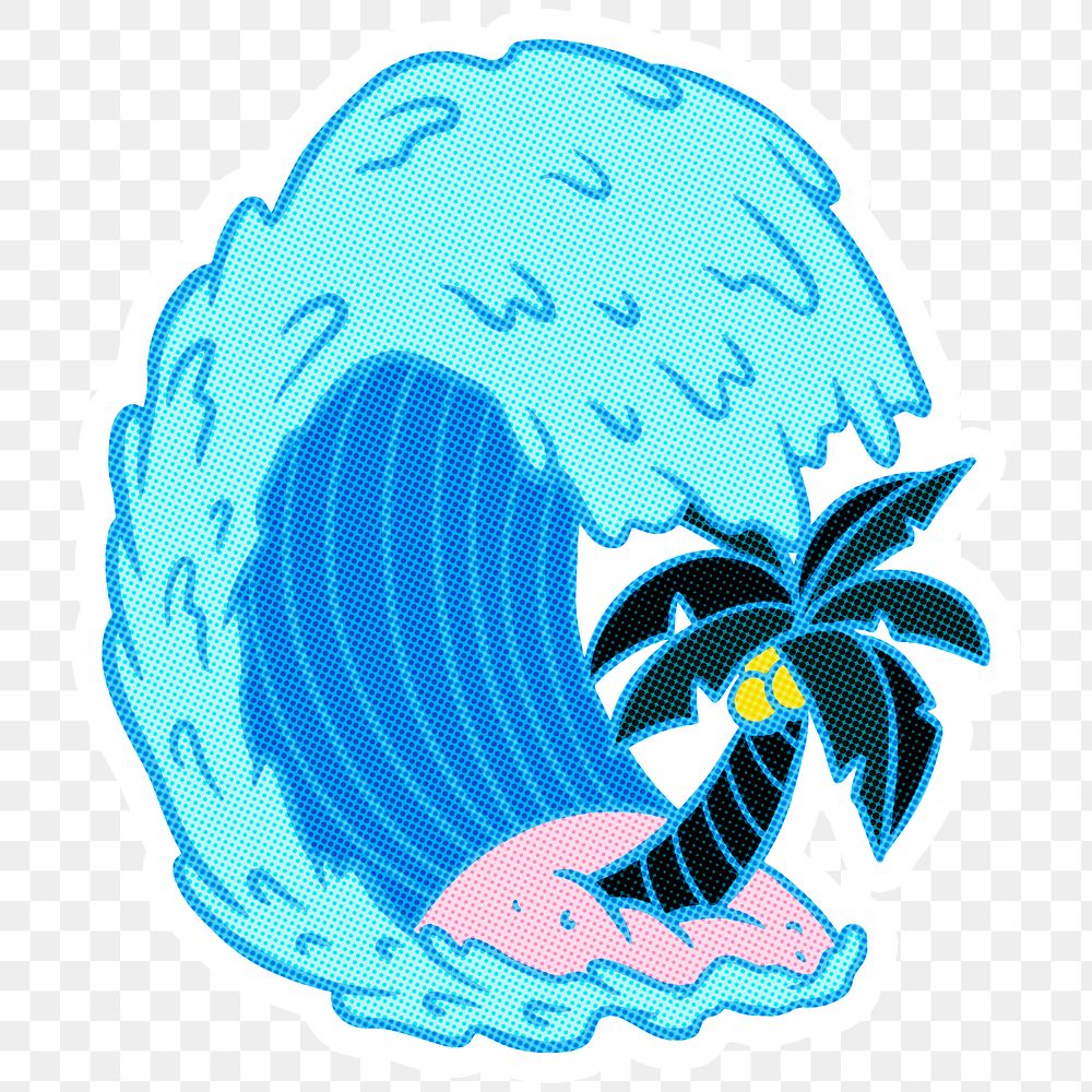 Blue ocean wave with a coconut tree sticker with a white border