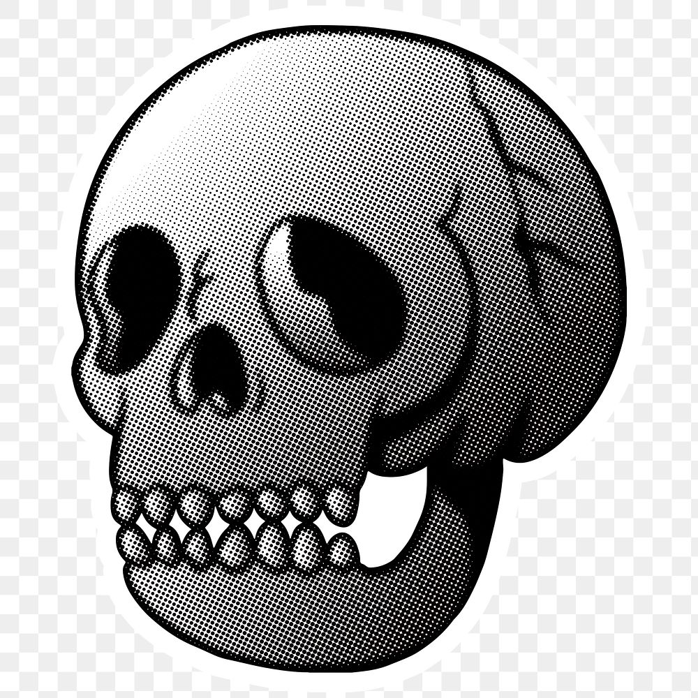Gray halftone skull sticker with a white border