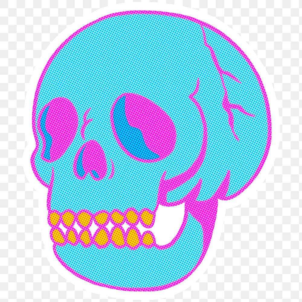 Neon blue skull sticker with a white border