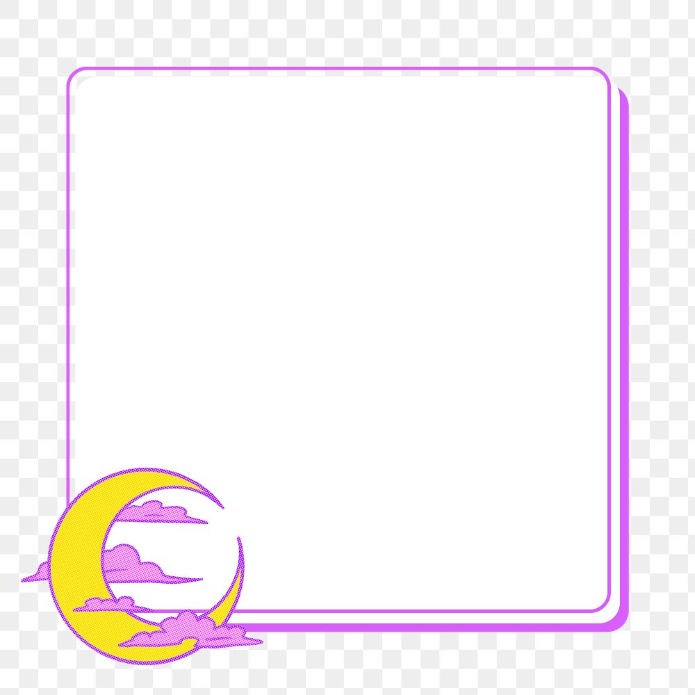 Pop art yellow crescent moon with pink clouds frame design element