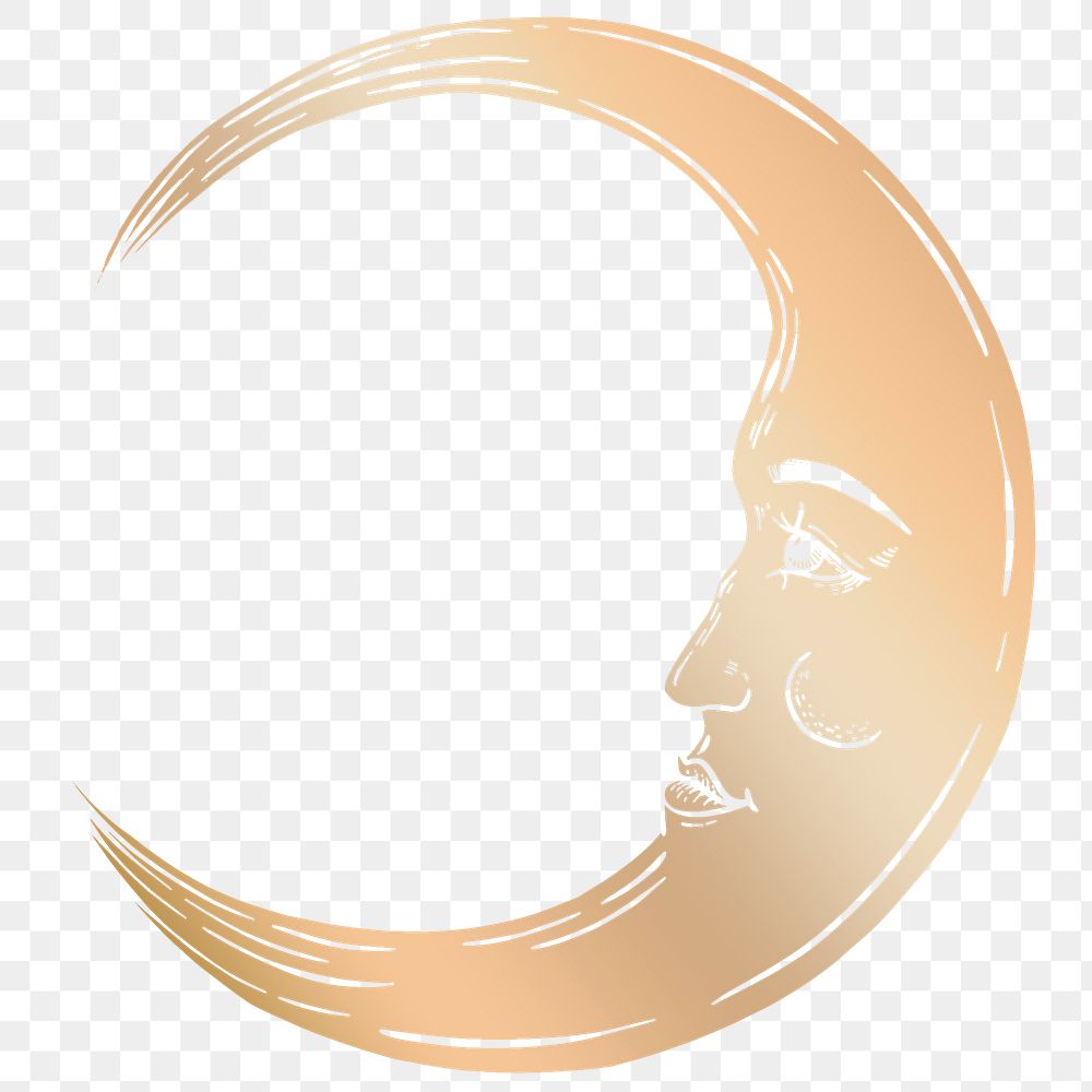 Golden crescent moon face sticker overlay design element 