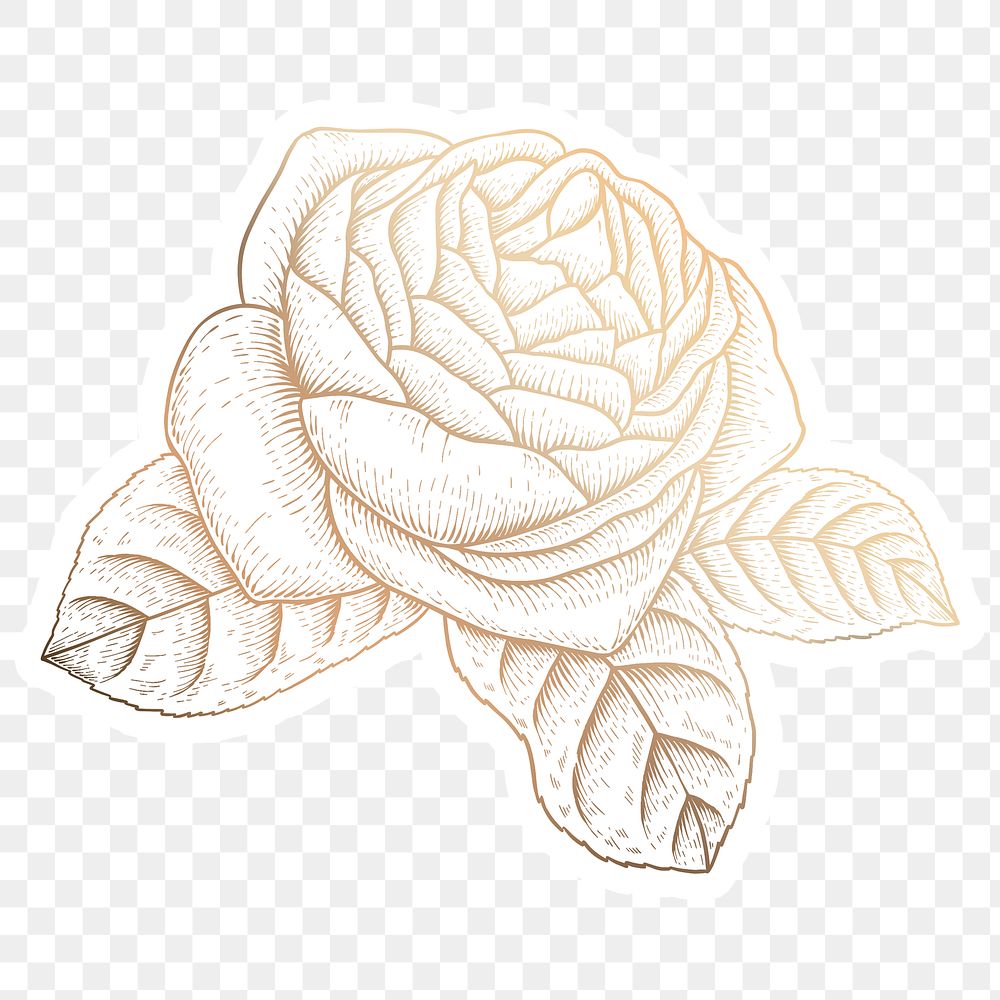 Shiny golden rose flower sticker overlay with a white border design element