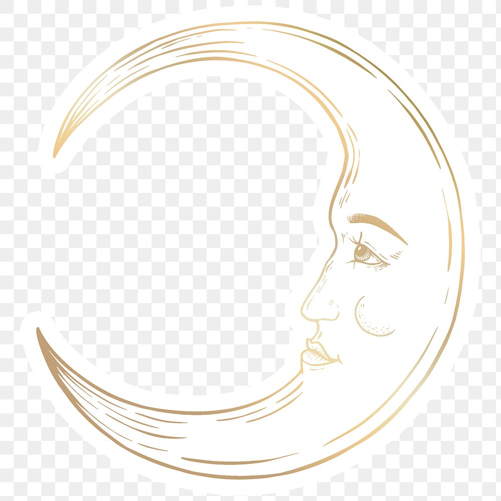 Golden crescent moon face sticker overlay with a white border design element