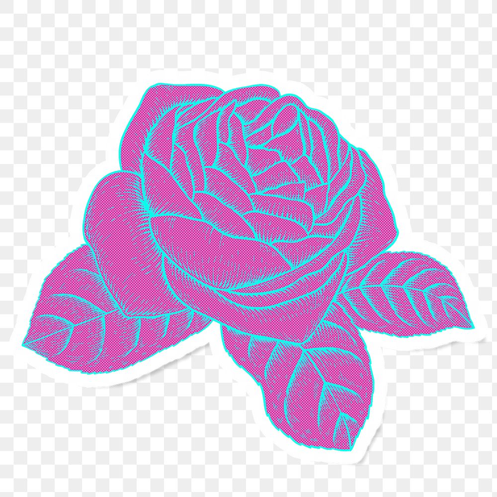 Funky neon rose flower sticker overlay with a white border