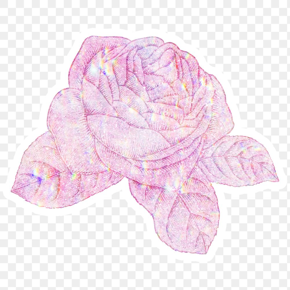 Pink holographic rose sticker overlay with a white border design element