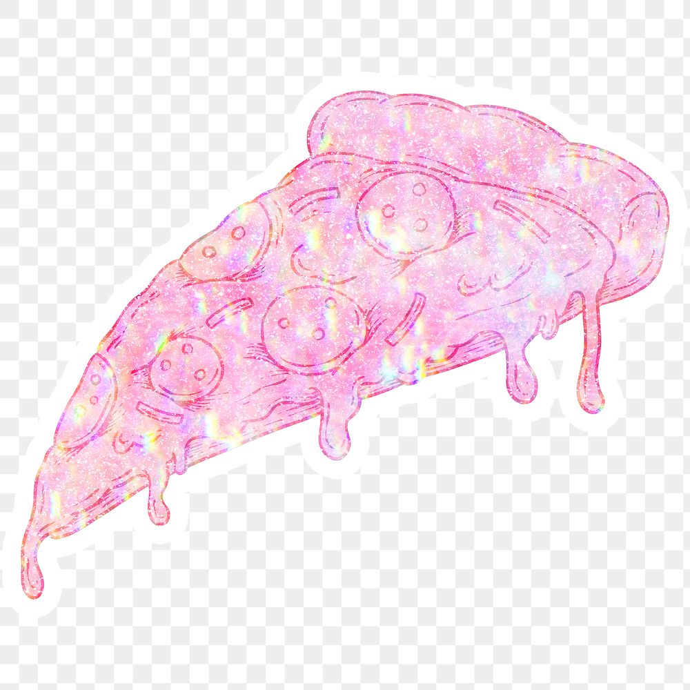 Pink holographic pepperoni pizza sticker overlay with a white border