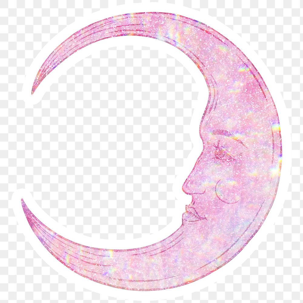 Pink holographic crescent moon sticker overlay with a white border