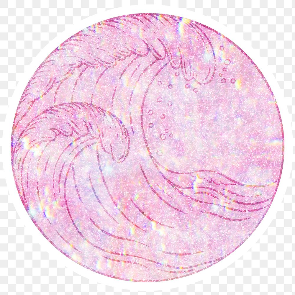 Pink holographic ocean waves sticker overlay with a white border