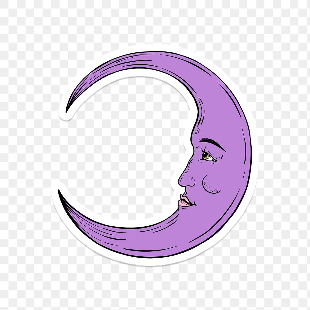 Purple crescent moon sticker overlay with a white border