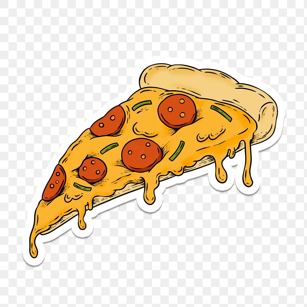Cheesy pepperoni pizza slice sticker overlay with a white border