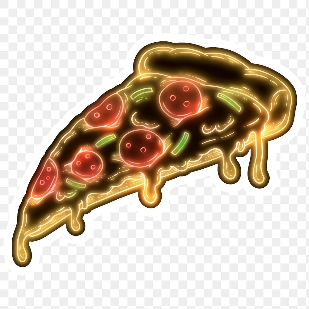 Neon pepperoni pizza slice sticker overlay with a white border