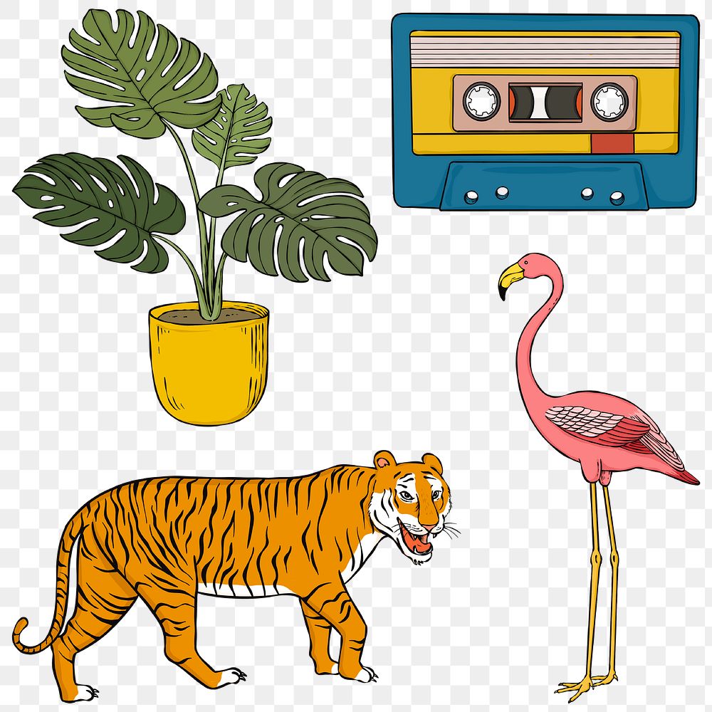 Cool retro animal and plant png set
