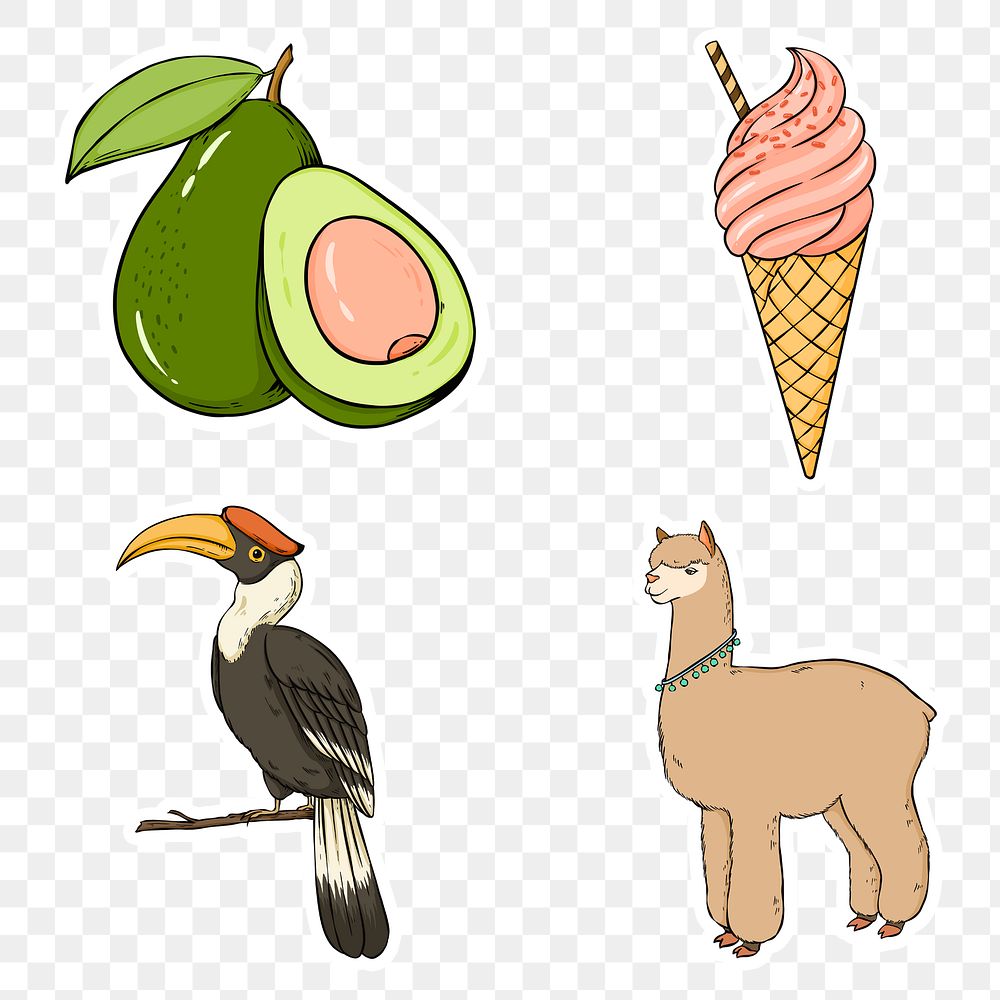Png food and wildlife colorful sticker set 