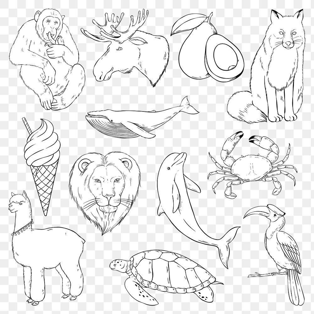 Png animal sticker set black and white clipart